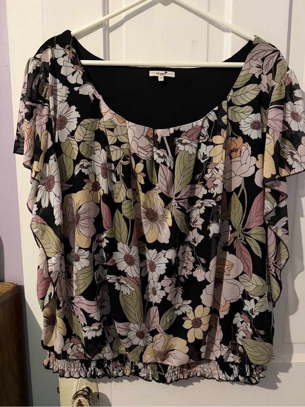 pop Black Floral Scoop Neck Blouse with Pink & Green Accents